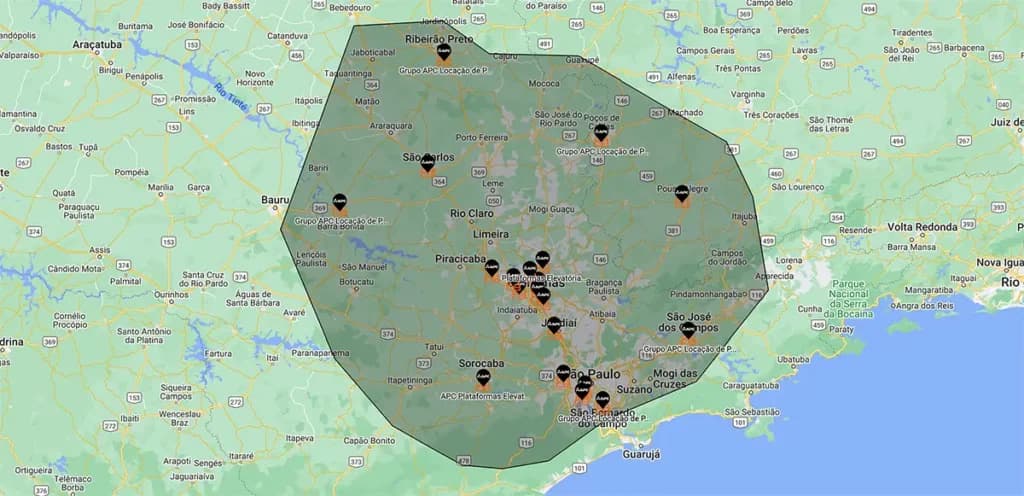 Mapa da área de atendimento da APC com bases no interior paulista, Grande São Paulo e litoral
