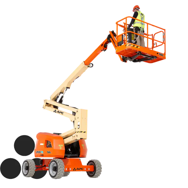Plataforma elevatória articulada JLG laranja em operação